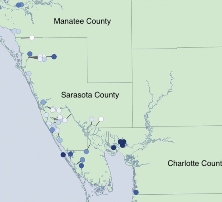 Map of Manatee, Sarasota and Charlotte counties on the Florida Gulf Coast, with the sampled properties marked and shaded by flood risk.