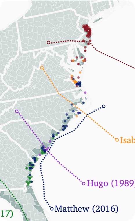 Map of southeastern coastal counties overlaid with the tracks of hurricanes including Hugo (1989), Matthew (2016) and Isabel, against the surveyed county sample.